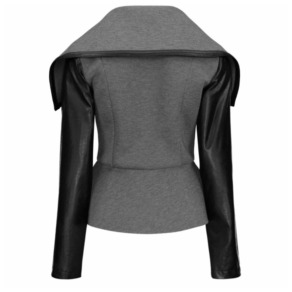 Gray & Black Asymmetrical Vegan Leather Jacket - Picture 2 of 6